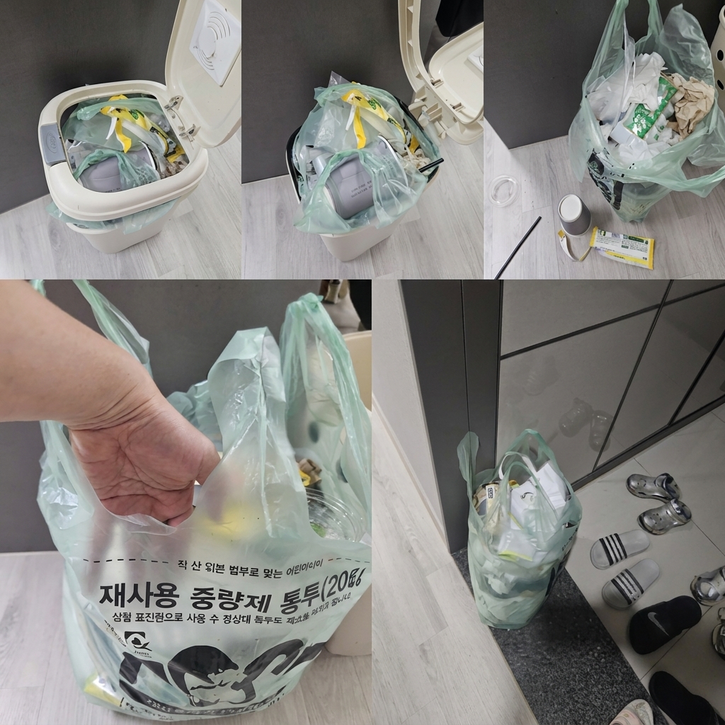 기존 쓰레기통의 봉투 팽창 문제 시각화